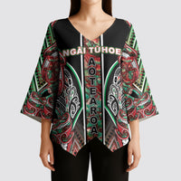 Aotearoa Ngai Tuhoe Kimono Sleeve Blouse Maori Tribal Red And Green Paua Shell Pattern