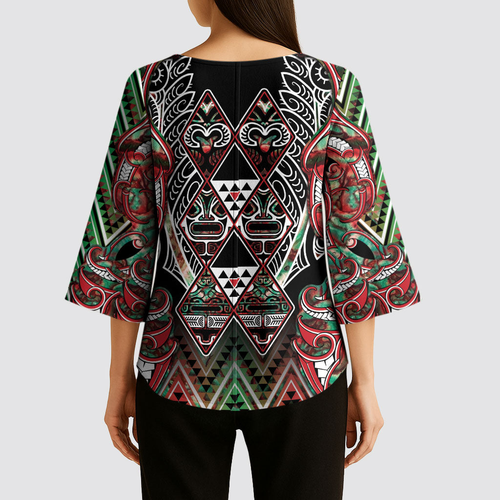 Aotearoa Ngai Tuhoe Kimono Sleeve Blouse Maori Tribal Red And Green Paua Shell Pattern