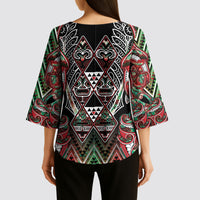 Aotearoa Ngai Tuhoe Kimono Sleeve Blouse Maori Tribal Red And Green Paua Shell Pattern