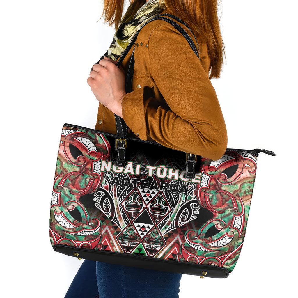 Aotearoa Ngai Tuhoe Leather Tote Bag Maori Tribal Red And Green Paua Shell Pattern