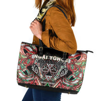Aotearoa Ngai Tuhoe Leather Tote Bag Maori Tribal Red And Green Paua Shell Pattern