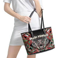 Aotearoa Ngai Tuhoe Leather Tote Bag Maori Tribal Red And Green Paua Shell Pattern