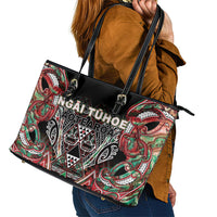 Aotearoa Ngai Tuhoe Leather Tote Bag Maori Tribal Red And Green Paua Shell Pattern