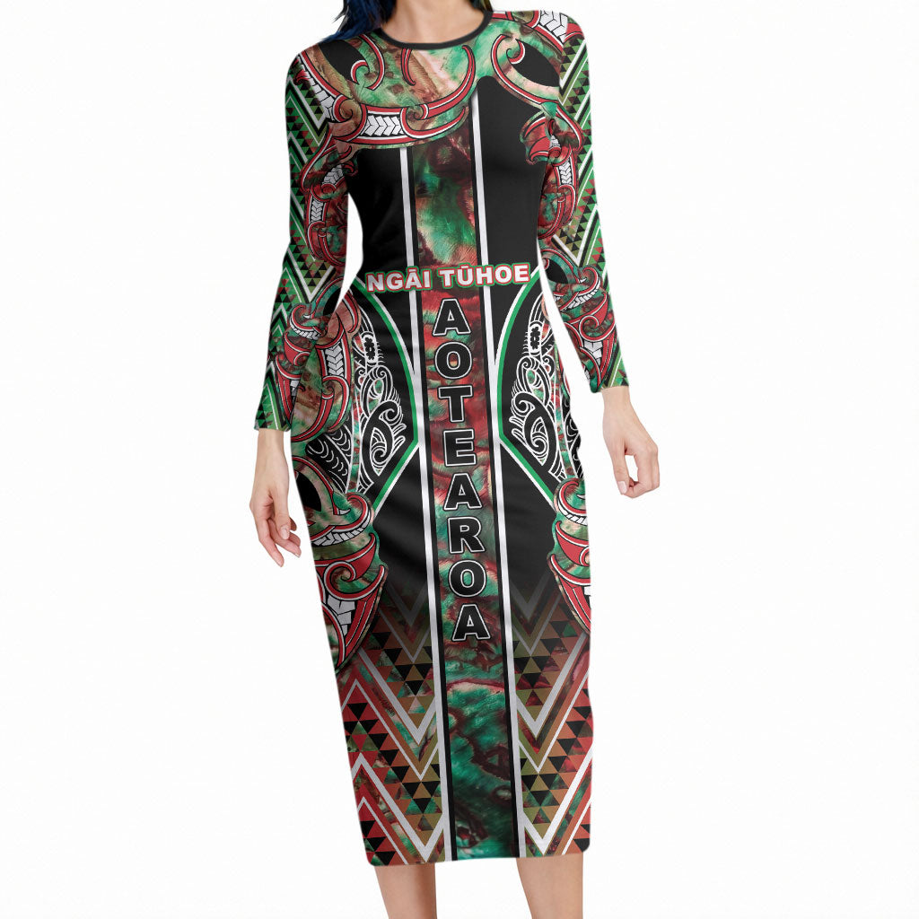 Aotearoa Ngai Tuhoe Long Sleeve Bodycon Dress Maori Tribal Red And Green Paua Shell Pattern