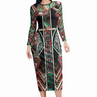Aotearoa Ngai Tuhoe Long Sleeve Bodycon Dress Maori Tribal Red And Green Paua Shell Pattern
