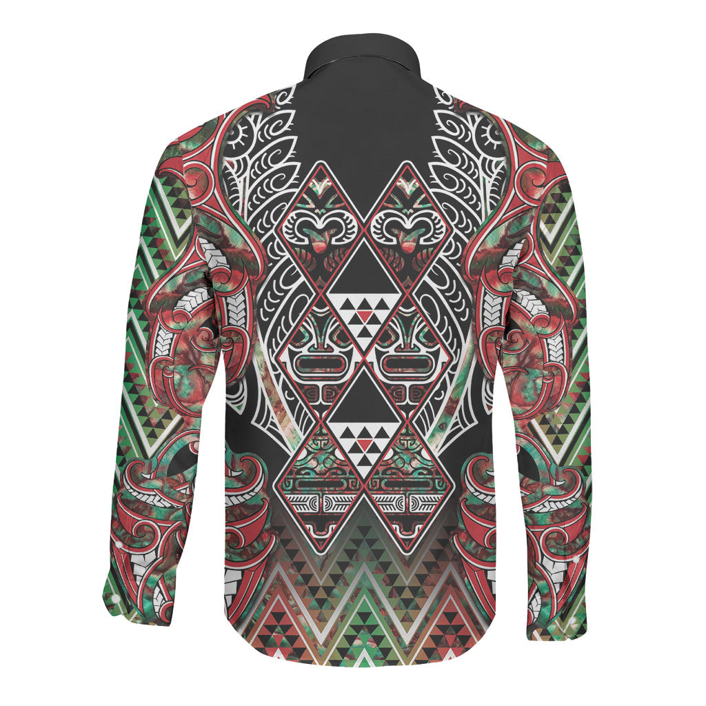 Aotearoa Ngai Tuhoe Long Sleeve Button Shirt Maori Tribal Red And Green Paua Shell Pattern