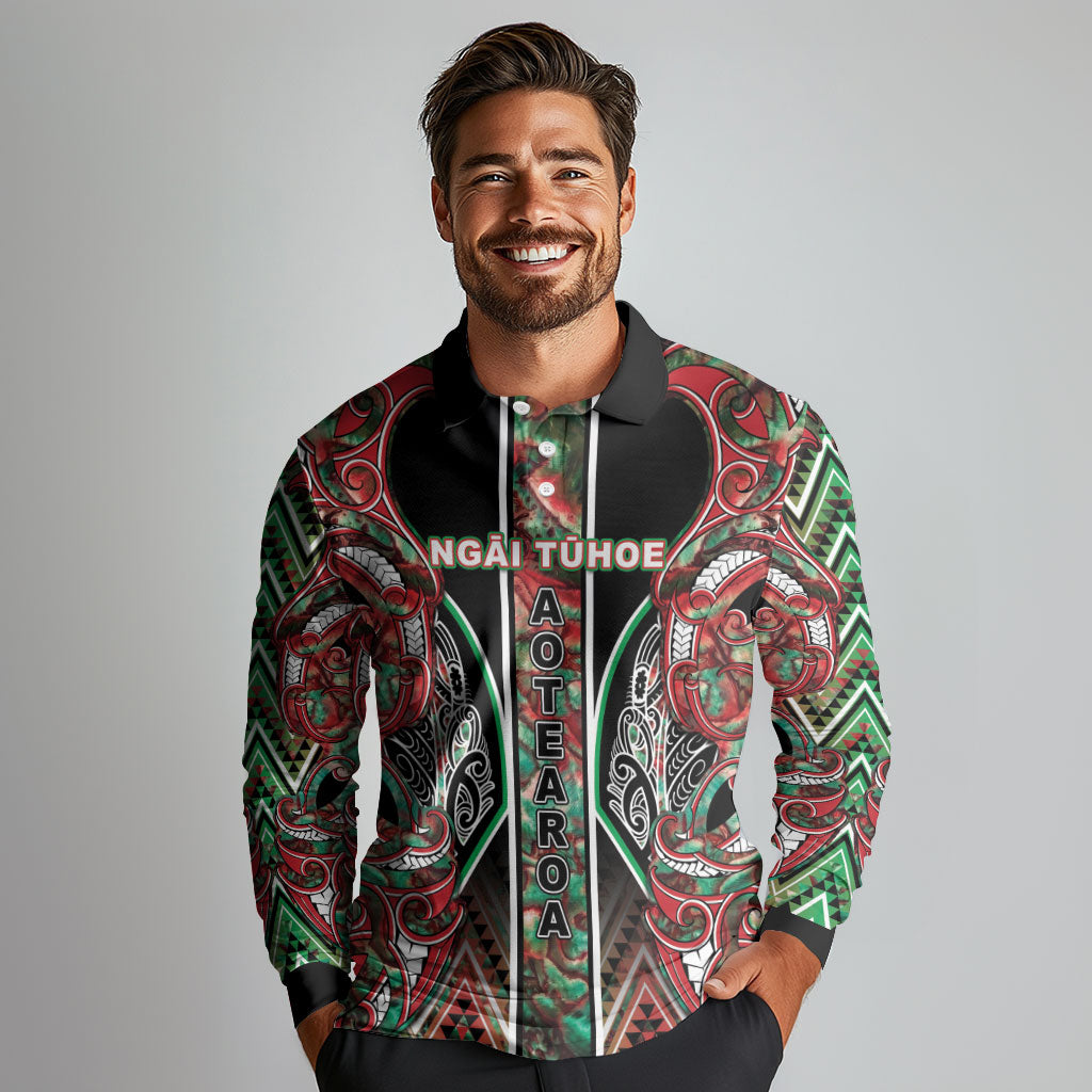 Aotearoa Ngai Tuhoe Long Sleeve Polo Shirt Maori Tribal Red And Green Paua Shell Pattern