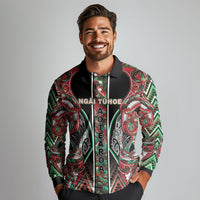 Aotearoa Ngai Tuhoe Long Sleeve Polo Shirt Maori Tribal Red And Green Paua Shell Pattern