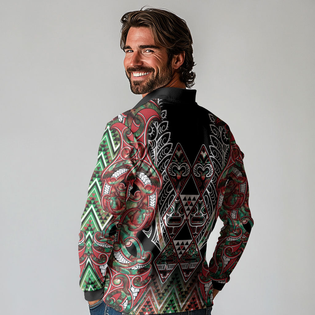 Aotearoa Ngai Tuhoe Long Sleeve Polo Shirt Maori Tribal Red And Green Paua Shell Pattern