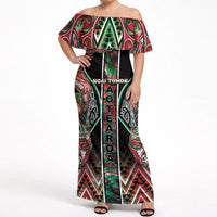 Aotearoa Ngai Tuhoe Off Shoulder Maxi Dress Maori Tribal Red And Green Paua Shell Pattern