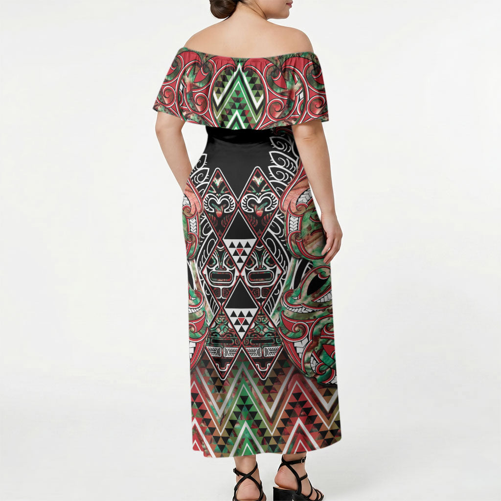 Aotearoa Ngai Tuhoe Off Shoulder Maxi Dress Maori Tribal Red And Green Paua Shell Pattern