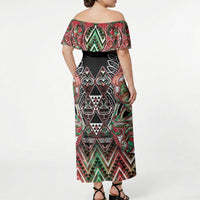 Aotearoa Ngai Tuhoe Off Shoulder Maxi Dress Maori Tribal Red And Green Paua Shell Pattern