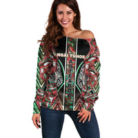 Aotearoa Ngai Tuhoe Off Shoulder Sweater Maori Tribal Red And Green Paua Shell Pattern