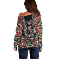 Aotearoa Ngai Tuhoe Off Shoulder Sweater Maori Tribal Red And Green Paua Shell Pattern
