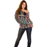 Aotearoa Ngai Tuhoe Off Shoulder Sweater Maori Tribal Red And Green Paua Shell Pattern
