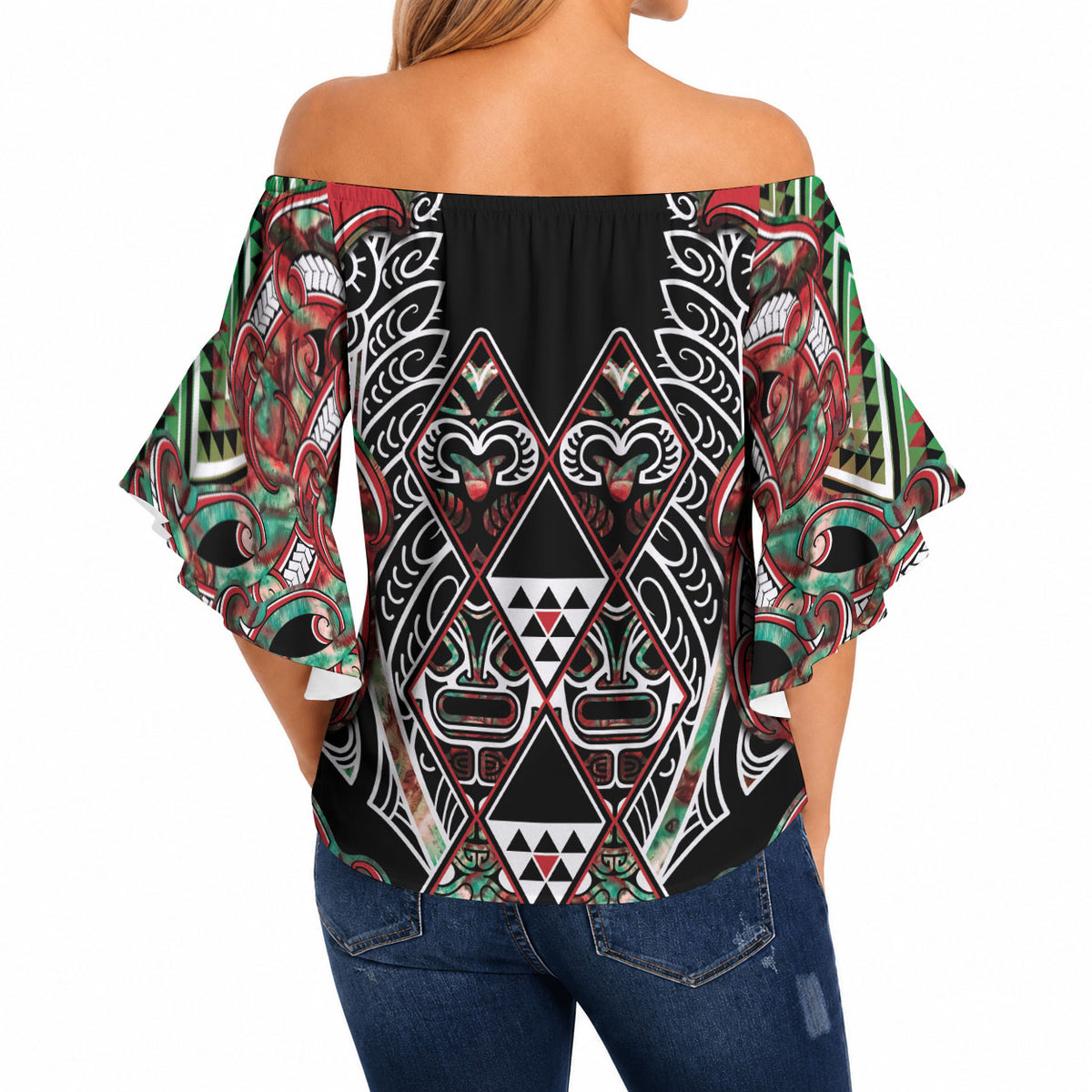 Aotearoa Ngai Tuhoe Off Shoulder Wrap Waist Top Maori Tribal Red And Green Paua Shell Pattern