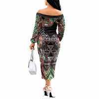 Aotearoa Ngai Tuhoe Off The Shoulder Long Sleeve Dress Maori Tribal Red And Green Paua Shell Pattern
