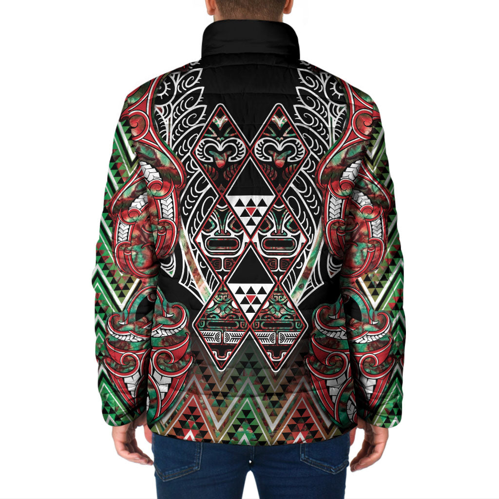 Aotearoa Ngai Tuhoe Padded Jacket Maori Tribal Red And Green Paua Shell Pattern