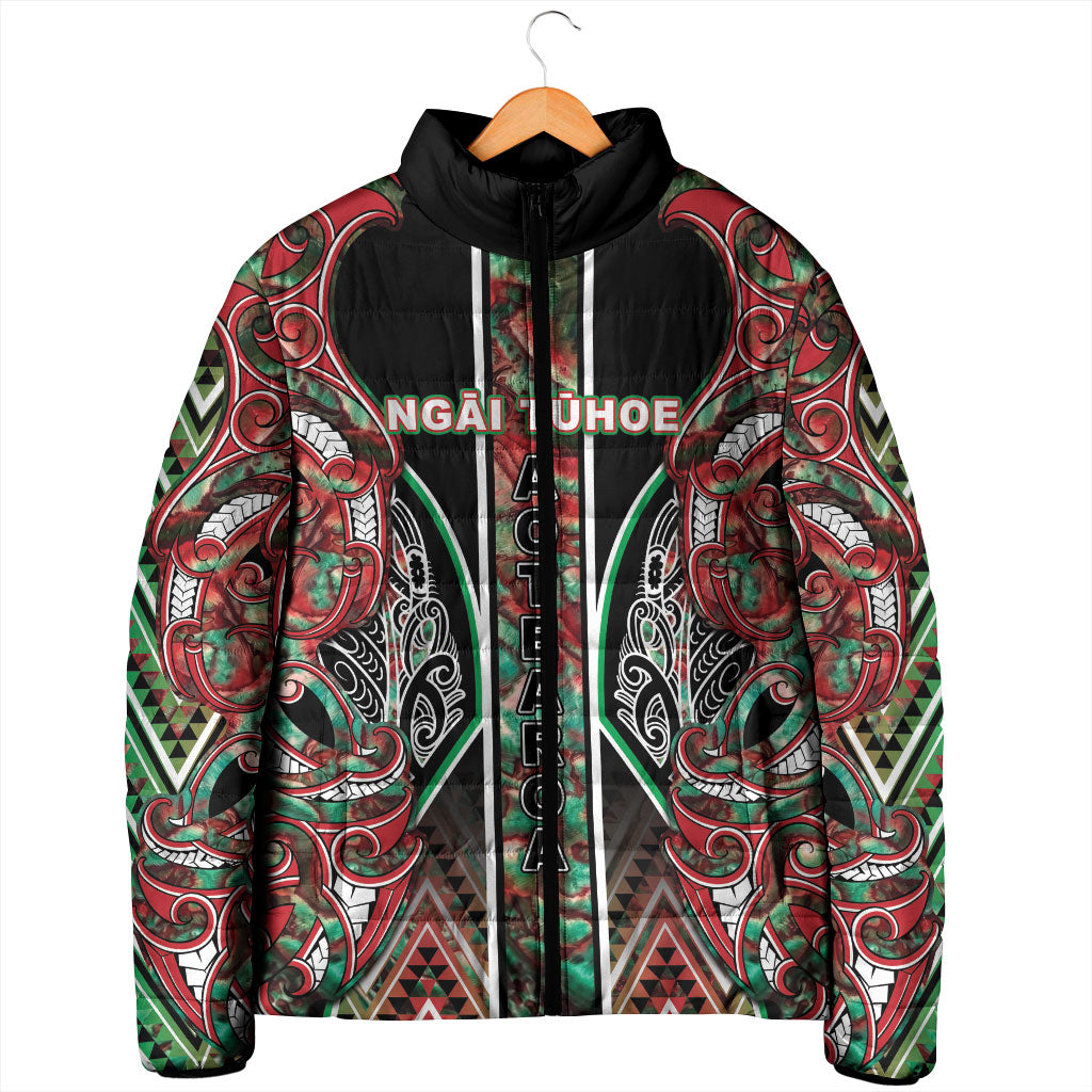 Aotearoa Ngai Tuhoe Padded Jacket Maori Tribal Red And Green Paua Shell Pattern