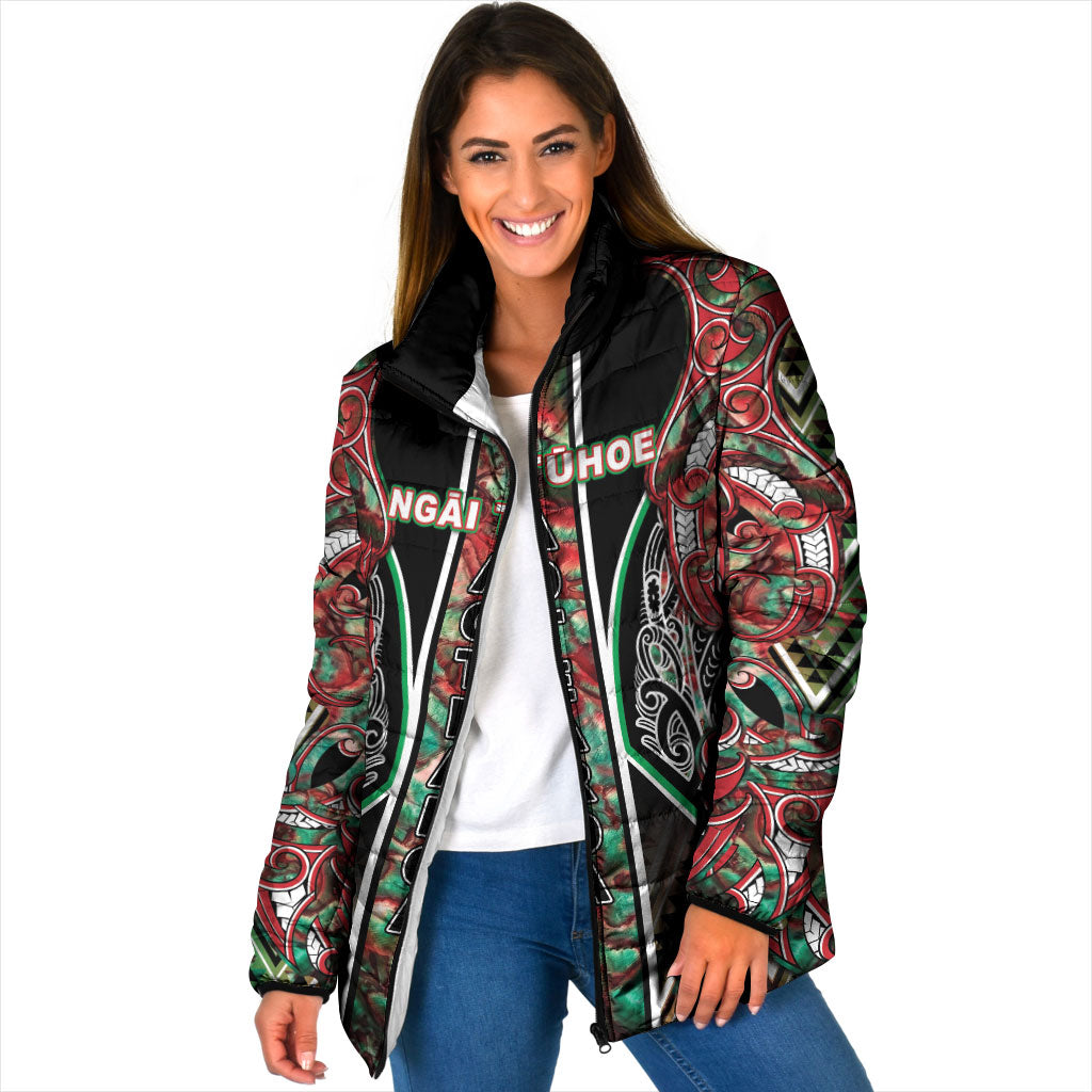 Aotearoa Ngai Tuhoe Padded Jacket Maori Tribal Red And Green Paua Shell Pattern