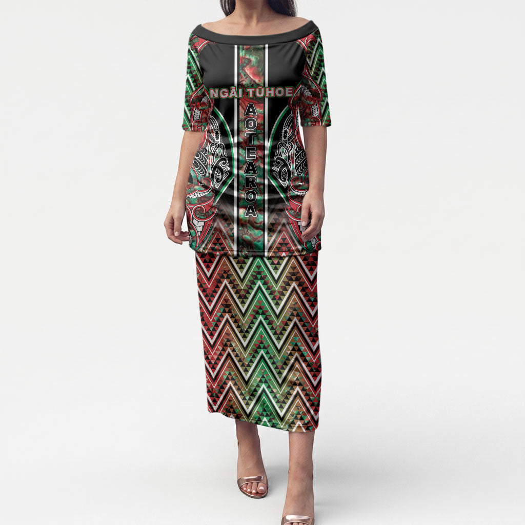 Aotearoa Ngai Tuhoe Puletasi Maori Tribal Red And Green Paua Shell Pattern DT05 Long Dress Red - Polynesian Pride