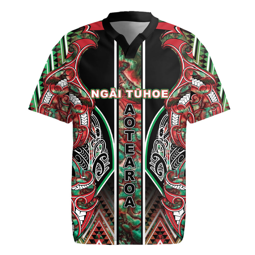 Aotearoa Ngai Tuhoe Rugby Jersey Maori Tribal Red And Green Paua Shell Pattern