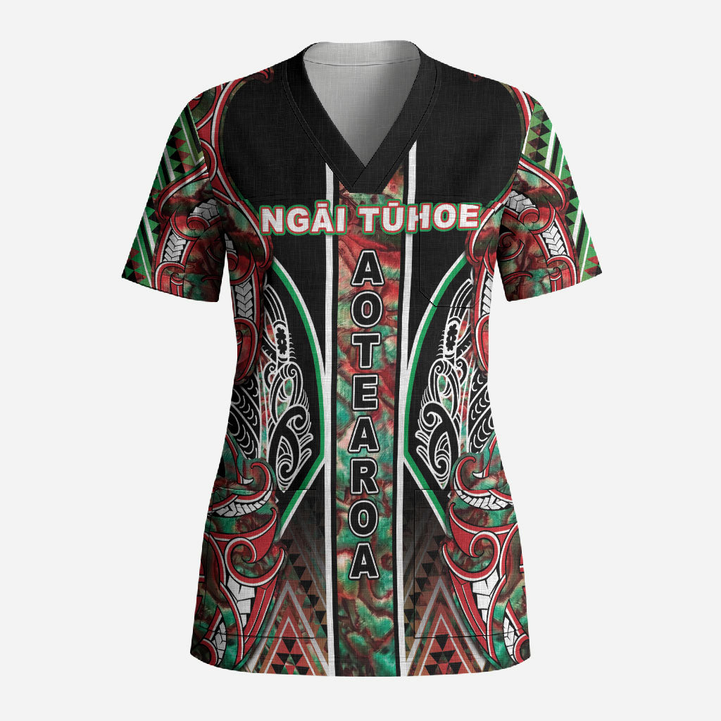 Aotearoa Ngai Tuhoe Scrub Top Maori Tribal Red And Green Paua Shell Pattern