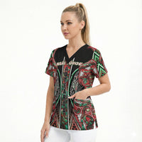 Aotearoa Ngai Tuhoe Scrub Top Maori Tribal Red And Green Paua Shell Pattern