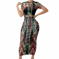 Aotearoa Ngai Tuhoe Short Sleeve Bodycon Dress Maori Tribal Red And Green Paua Shell Pattern