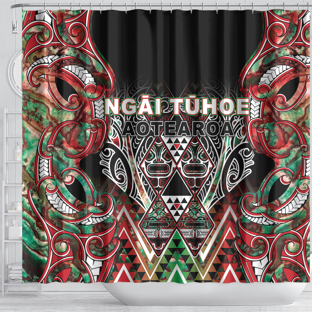 Aotearoa Ngai Tuhoe Shower Curtain Maori Tribal Red And Green Paua Shell Pattern