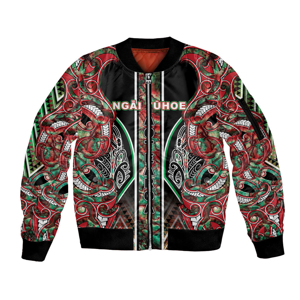 Aotearoa Ngai Tuhoe Sleeve Zip Bomber Jacket Maori Tribal Red And Green Paua Shell Pattern
