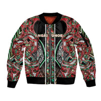Aotearoa Ngai Tuhoe Sleeve Zip Bomber Jacket Maori Tribal Red And Green Paua Shell Pattern