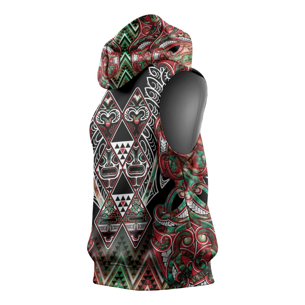 Aotearoa Ngai Tuhoe Sleeveless Hoodie Maori Tribal Red And Green Paua Shell Pattern