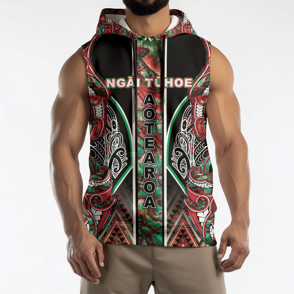 Aotearoa Ngai Tuhoe Sleeveless Hoodie Maori Tribal Red And Green Paua Shell Pattern