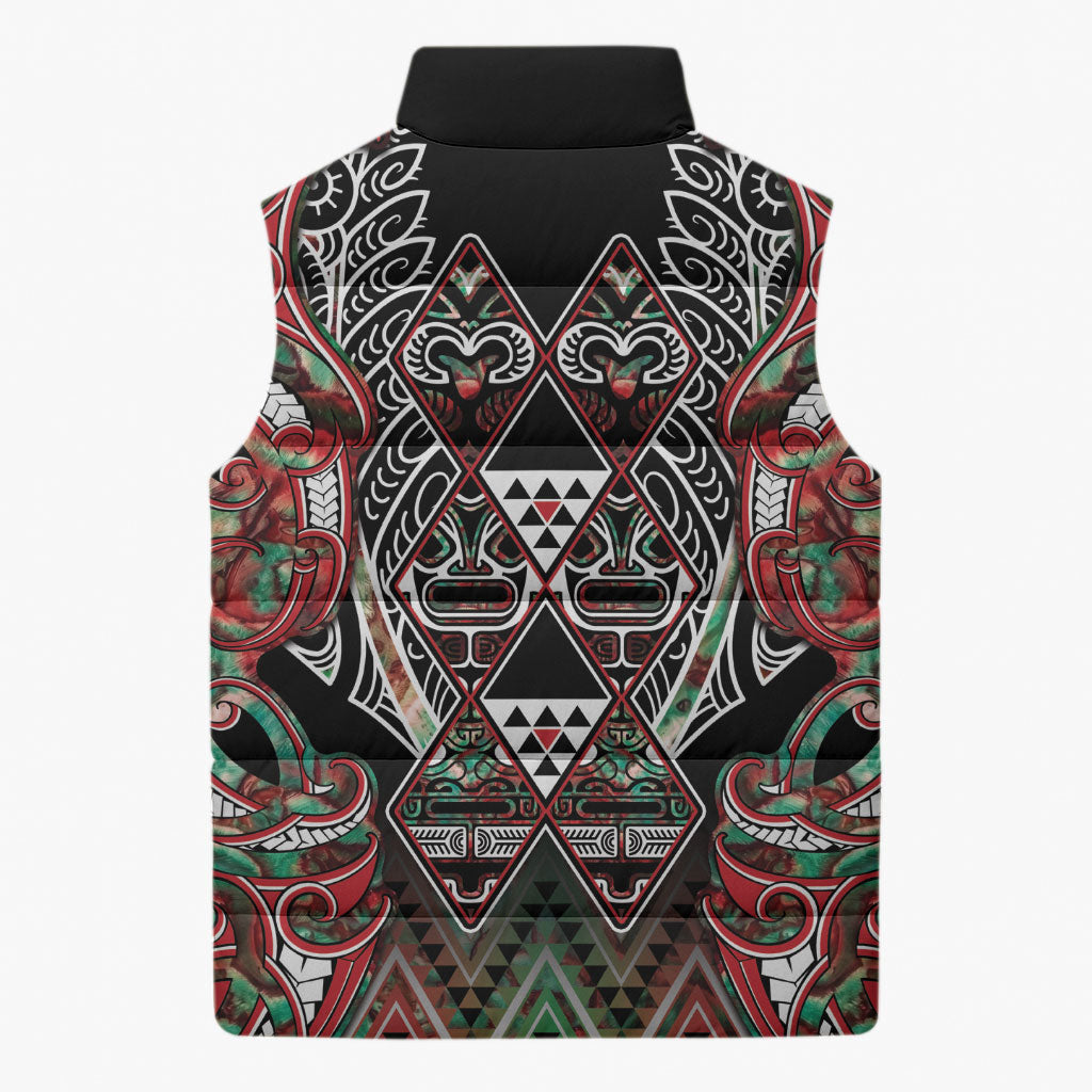 Aotearoa Ngai Tuhoe Sleeveless Puffer Jacket Maori Tribal Red And Green Paua Shell Pattern
