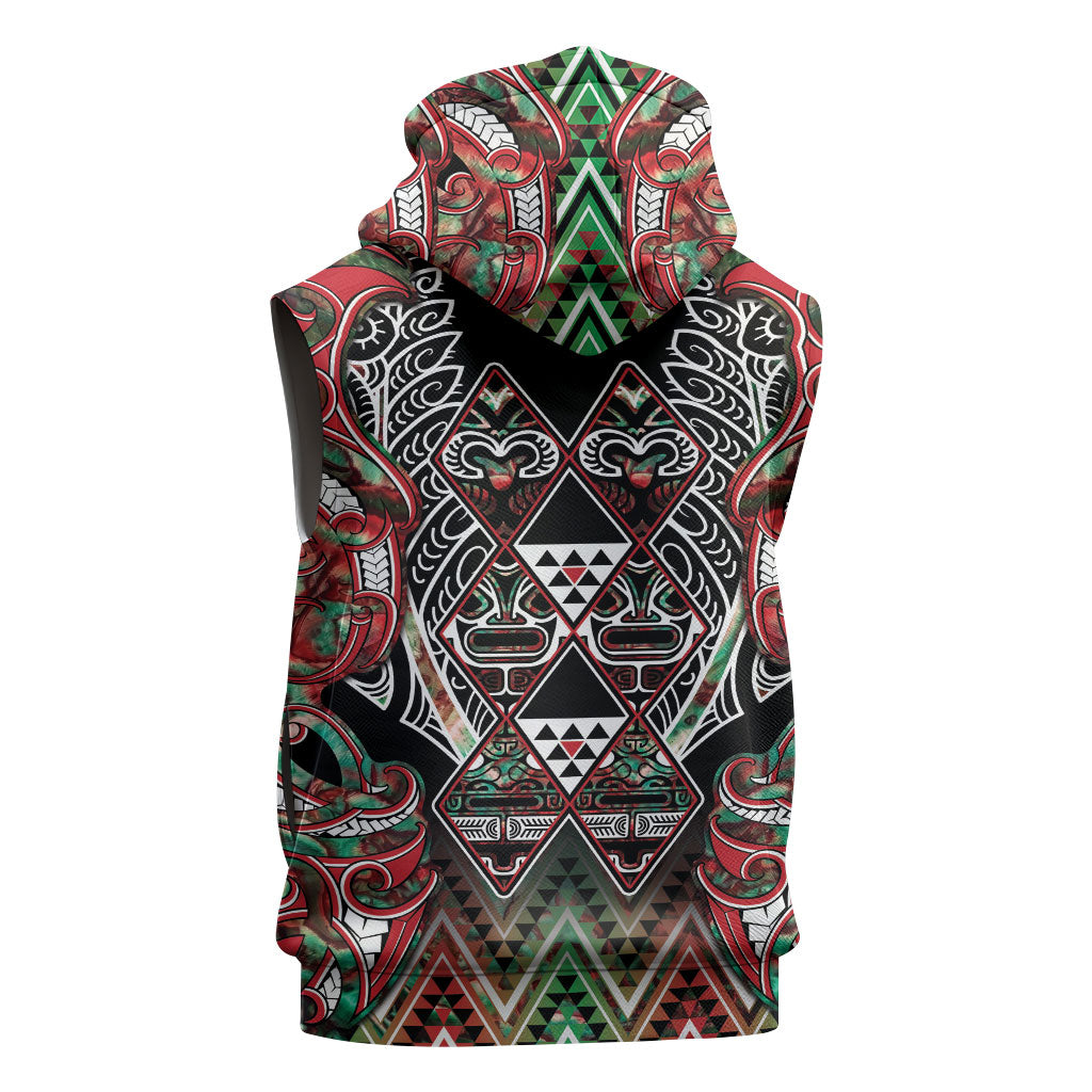 Aotearoa Ngai Tuhoe Sleeveless Zip Hoodie Maori Tribal Red And Green Paua Shell Pattern