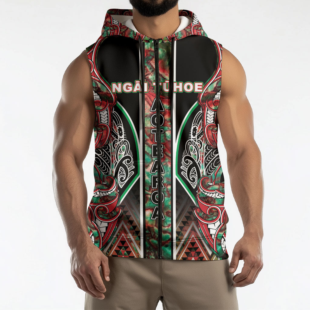 Aotearoa Ngai Tuhoe Sleeveless Zip Hoodie Maori Tribal Red And Green Paua Shell Pattern