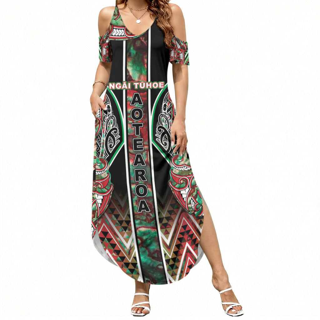 Aotearoa Ngai Tuhoe Summer Maxi Dress Maori Tribal Red And Green Paua Shell Pattern