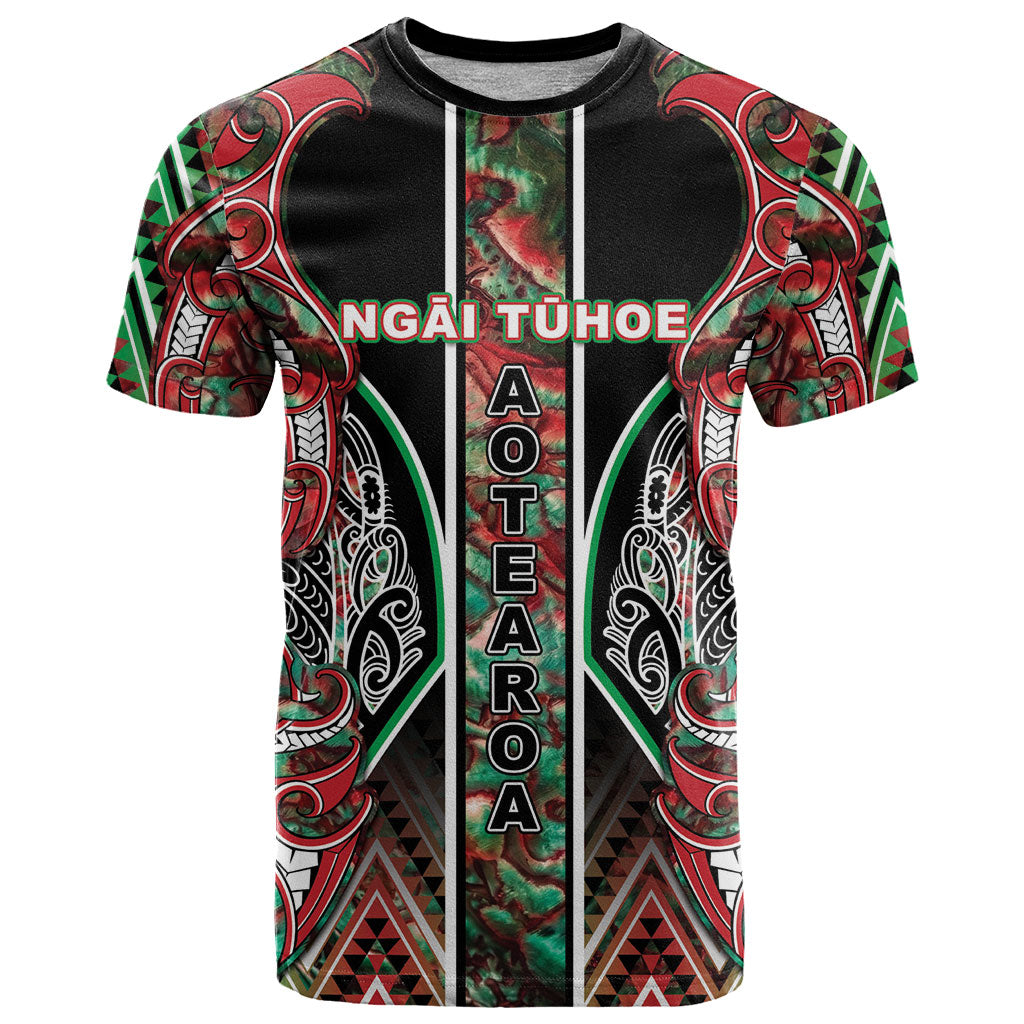 Aotearoa Ngai Tuhoe T Shirt Maori Tribal Red And Green Paua Shell Pattern