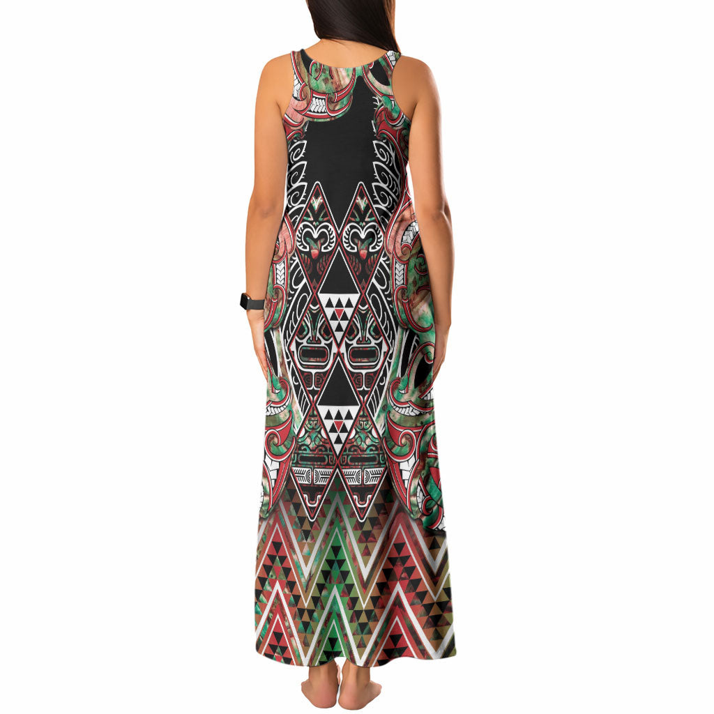 Aotearoa Ngai Tuhoe Tank Maxi Dress Maori Tribal Red And Green Paua Shell Pattern