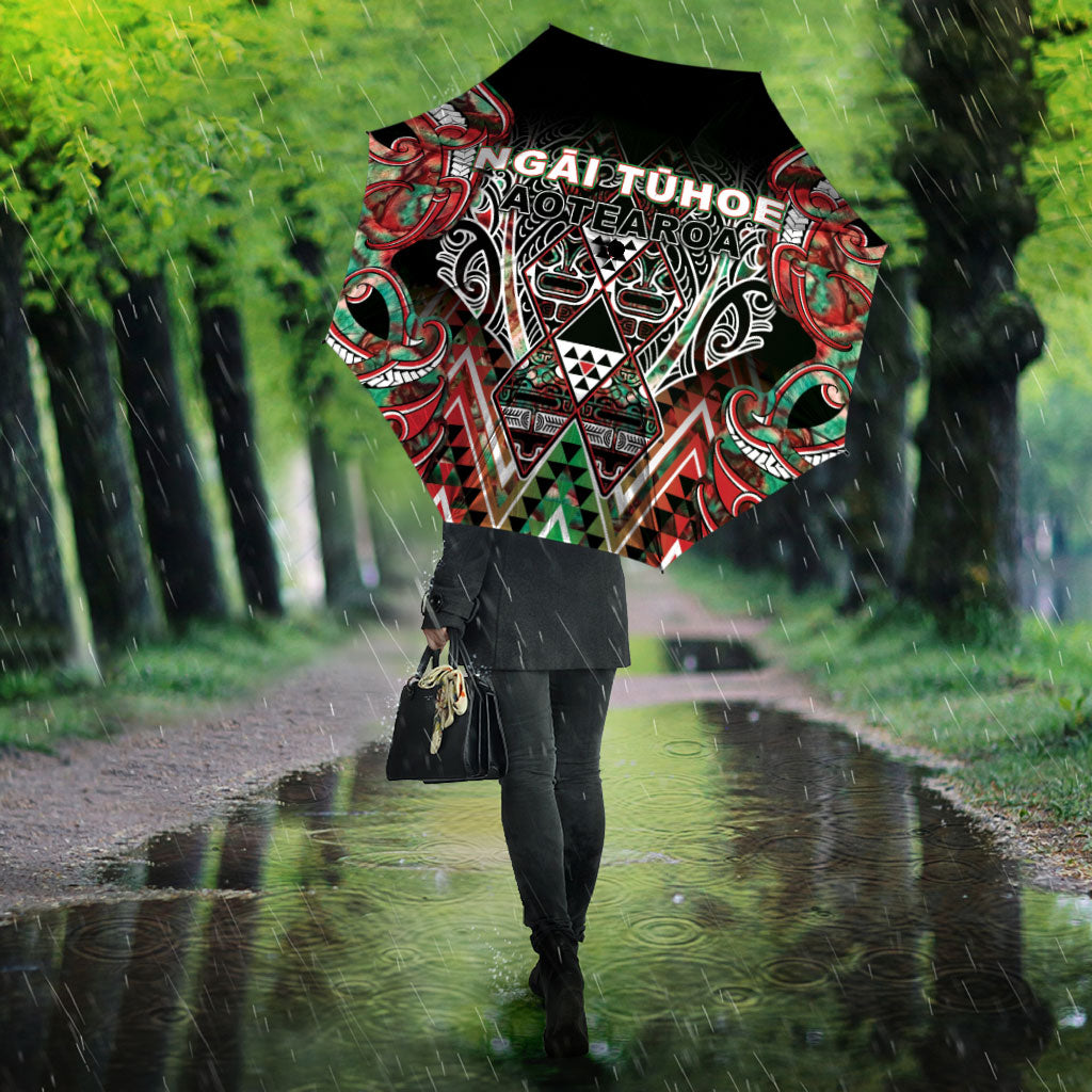 Aotearoa Ngai Tuhoe Umbrella Maori Tribal Red And Green Paua Shell Pattern