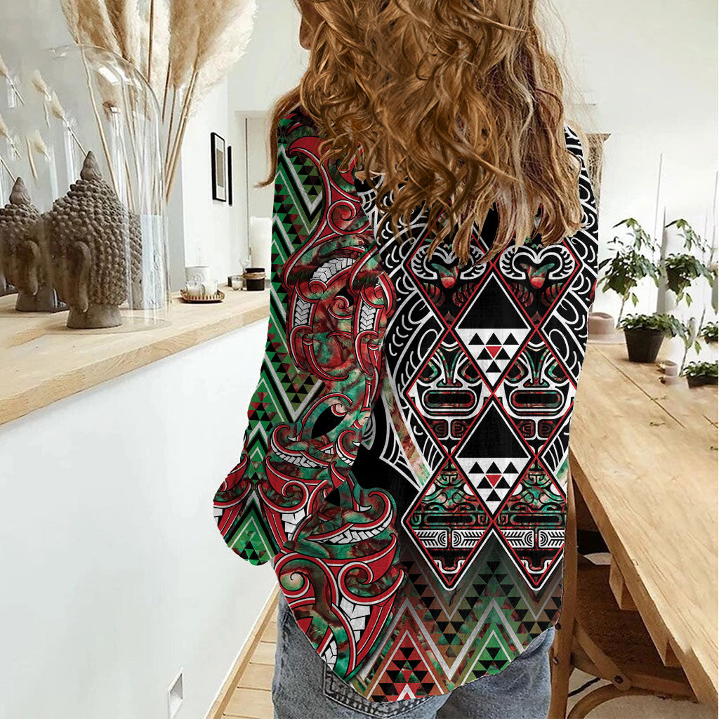 Aotearoa Ngai Tuhoe Women Casual Shirt Maori Tribal Red And Green Paua Shell Pattern