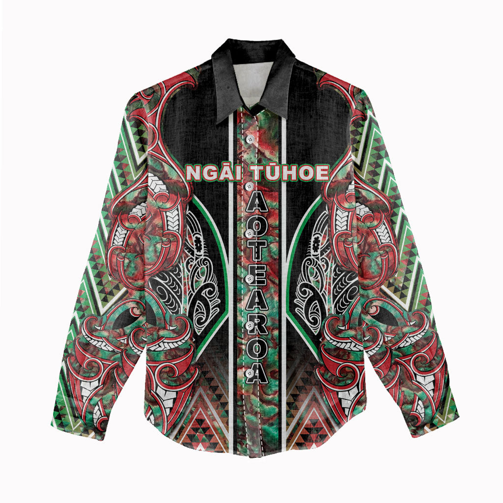 Aotearoa Ngai Tuhoe Women Casual Shirt Maori Tribal Red And Green Paua Shell Pattern