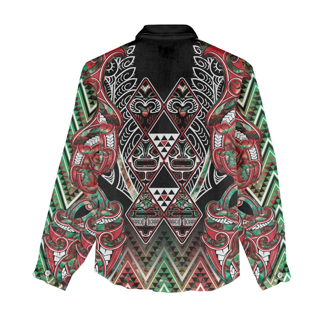 Aotearoa Ngai Tuhoe Women Casual Shirt Maori Tribal Red And Green Paua Shell Pattern