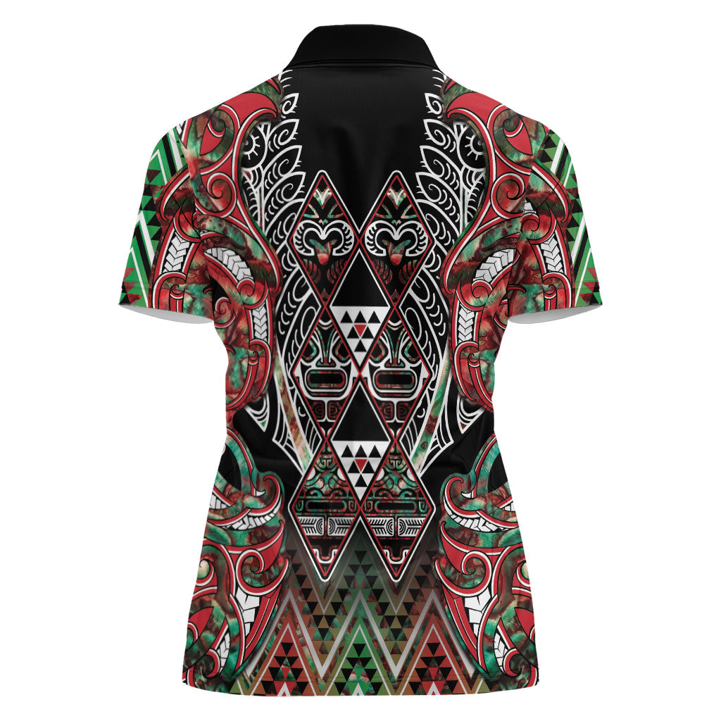 Aotearoa Ngai Tuhoe Women Polo Shirt Maori Tribal Red And Green Paua Shell Pattern
