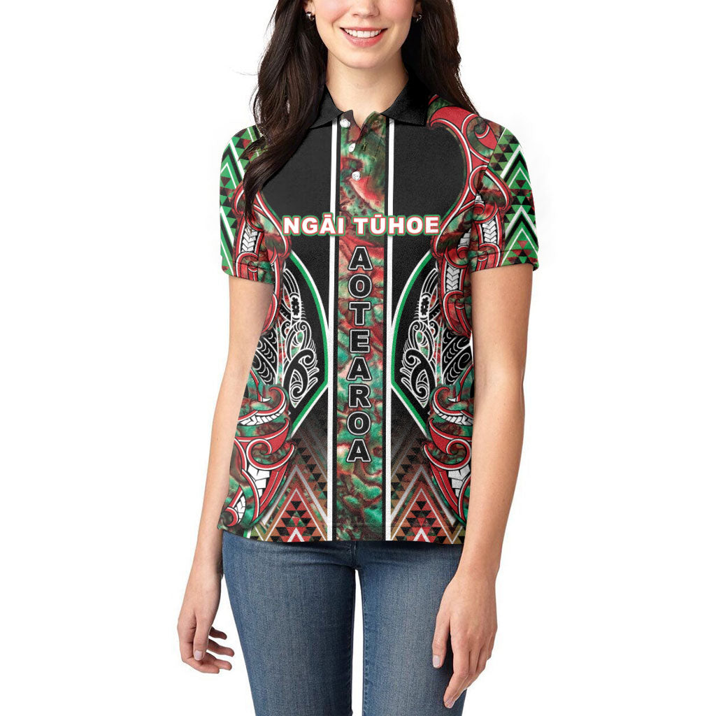 Aotearoa Ngai Tuhoe Women Polo Shirt Maori Tribal Red And Green Paua Shell Pattern