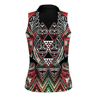Aotearoa Ngai Tuhoe Women Sleeveless Polo Shirt Maori Tribal Red And Green Paua Shell Pattern