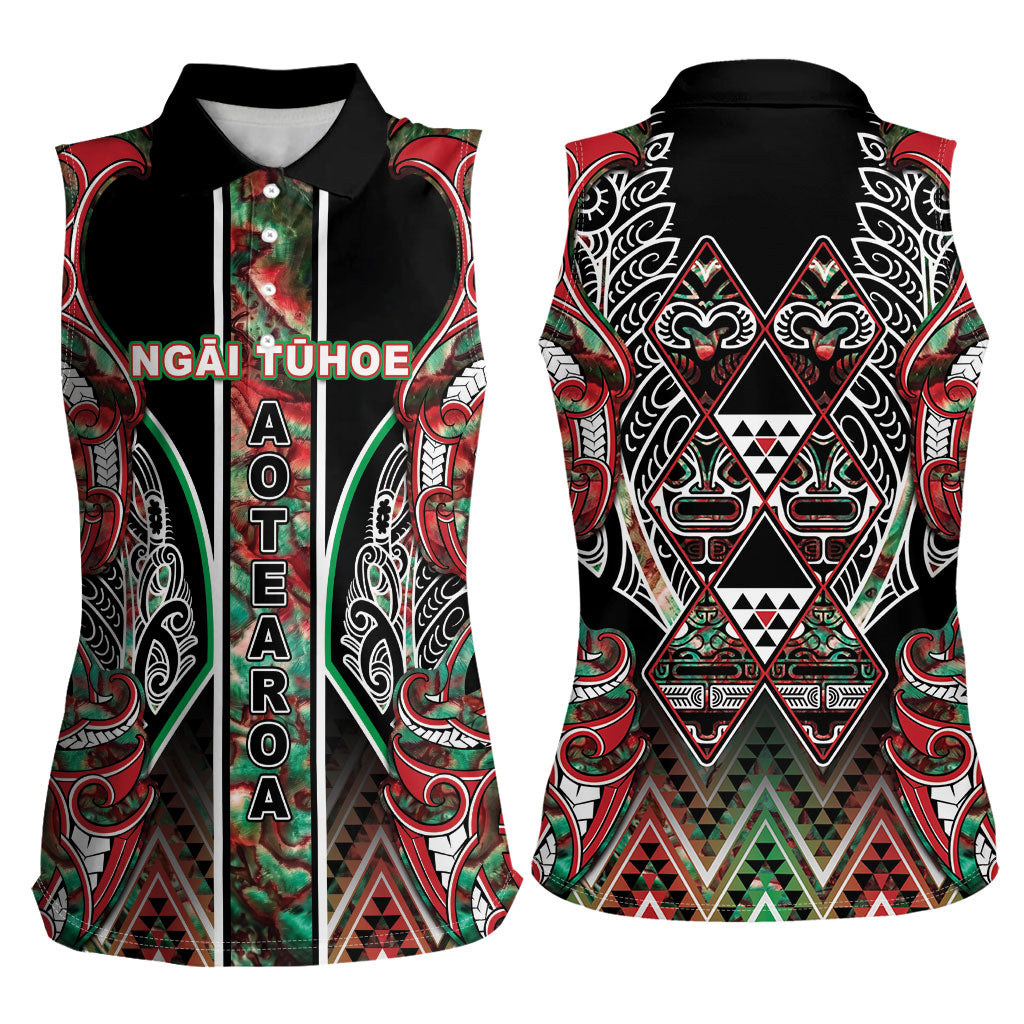 Aotearoa Ngai Tuhoe Women Sleeveless Polo Shirt Maori Tribal Red And Green Paua Shell Pattern