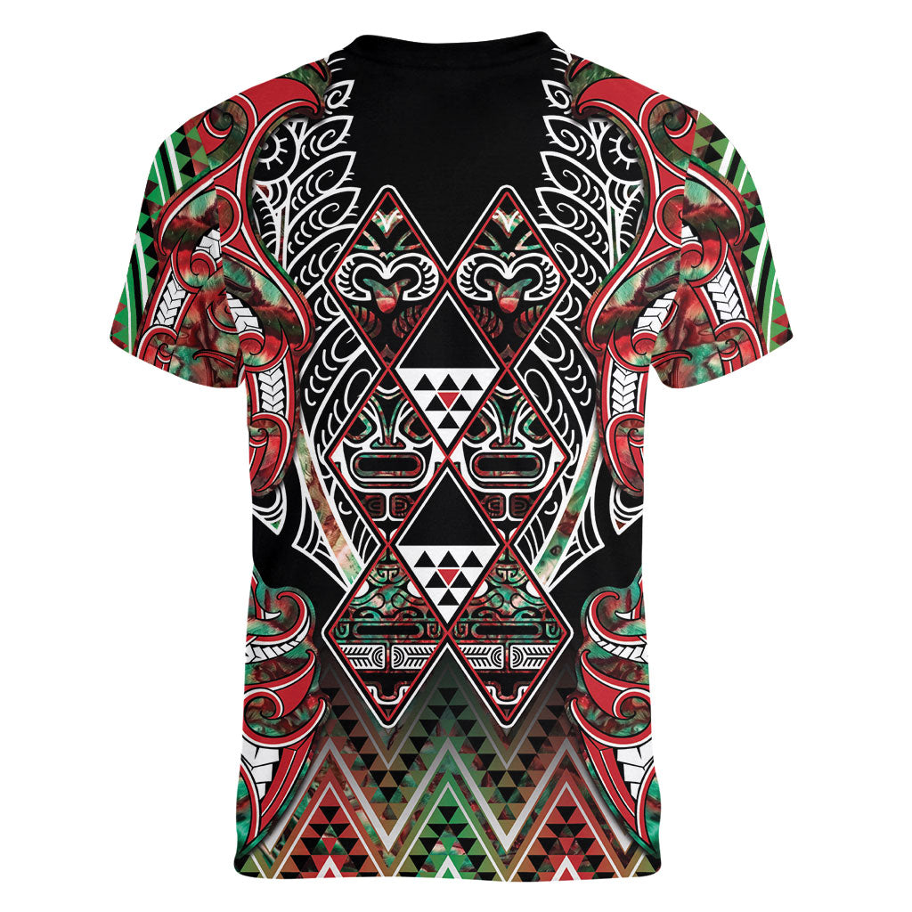 Aotearoa Ngai Tuhoe Women V-Neck T-Shirt Maori Tribal Red And Green Paua Shell Pattern