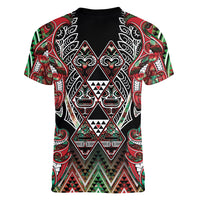Aotearoa Ngai Tuhoe Women V-Neck T-Shirt Maori Tribal Red And Green Paua Shell Pattern